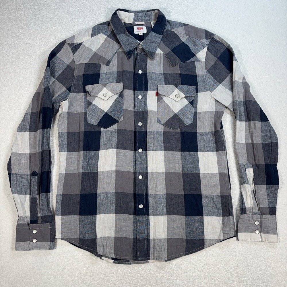 Levi's Linen-Cotton Shirt Mens M Navy Western Plaid Check Pockets Snap Button Up
